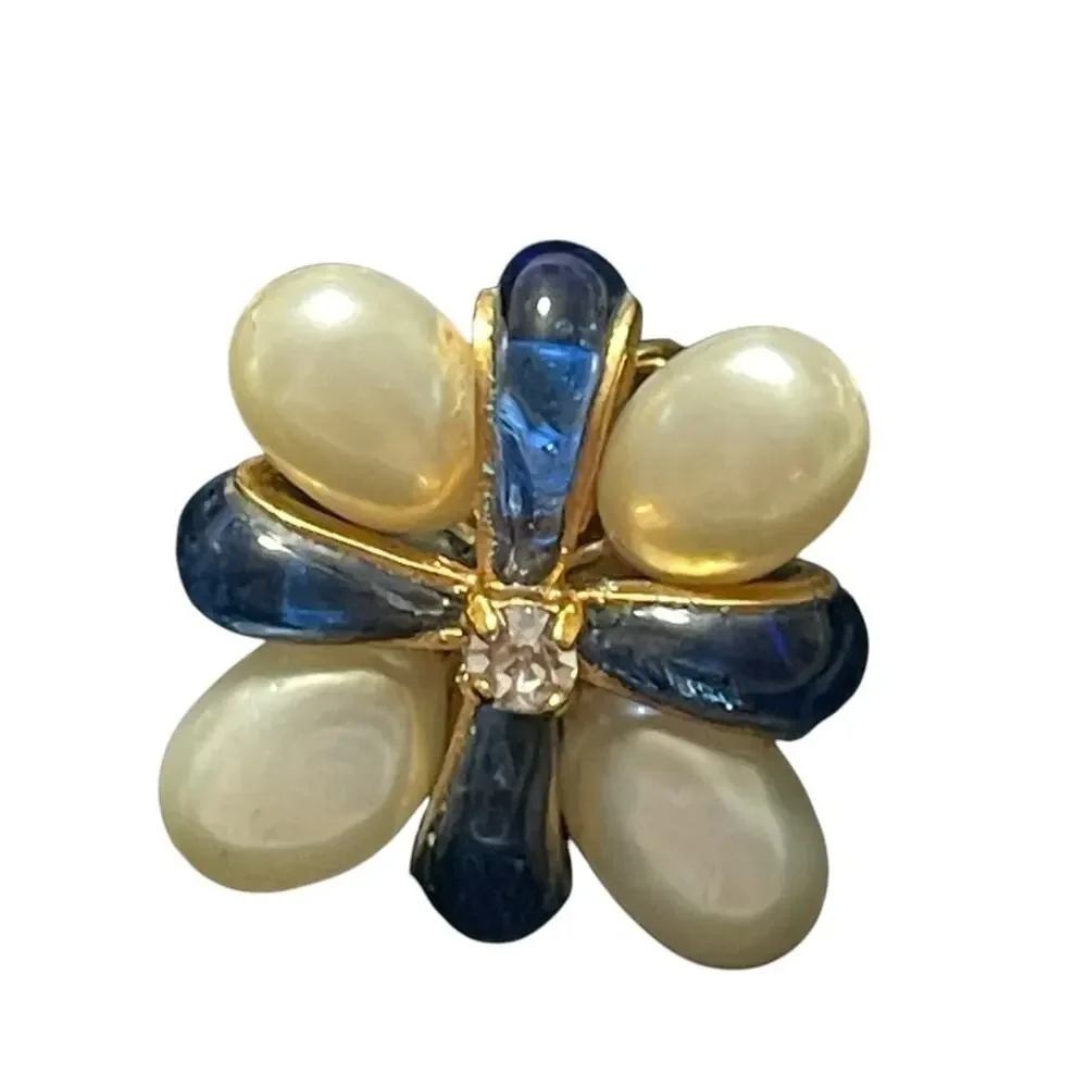 CHANEL Sapphire Gripoix, Pearl & Crystal CC Clip On Earrings Rare Vintage 1994
